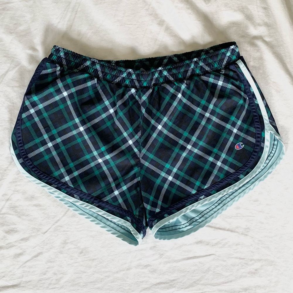 Champion | 3.5” Inseam Plaid Athletic Shorts with Pockets in Blue